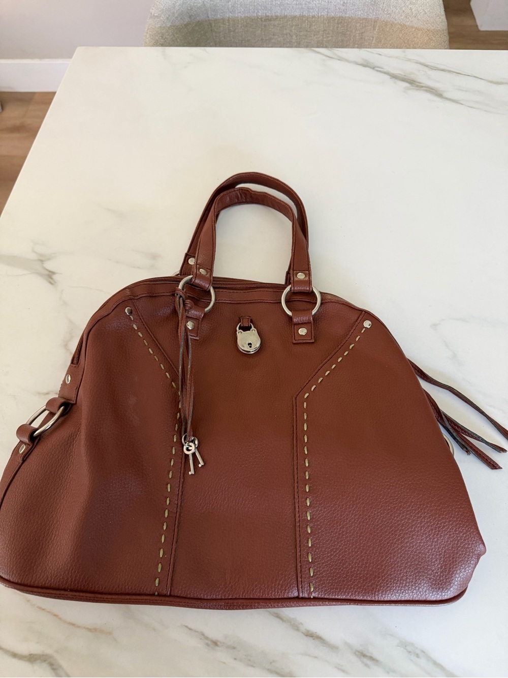 Melie Bianco Cognac Brown Oversized Satchel Doctor Bag Vegan Leather